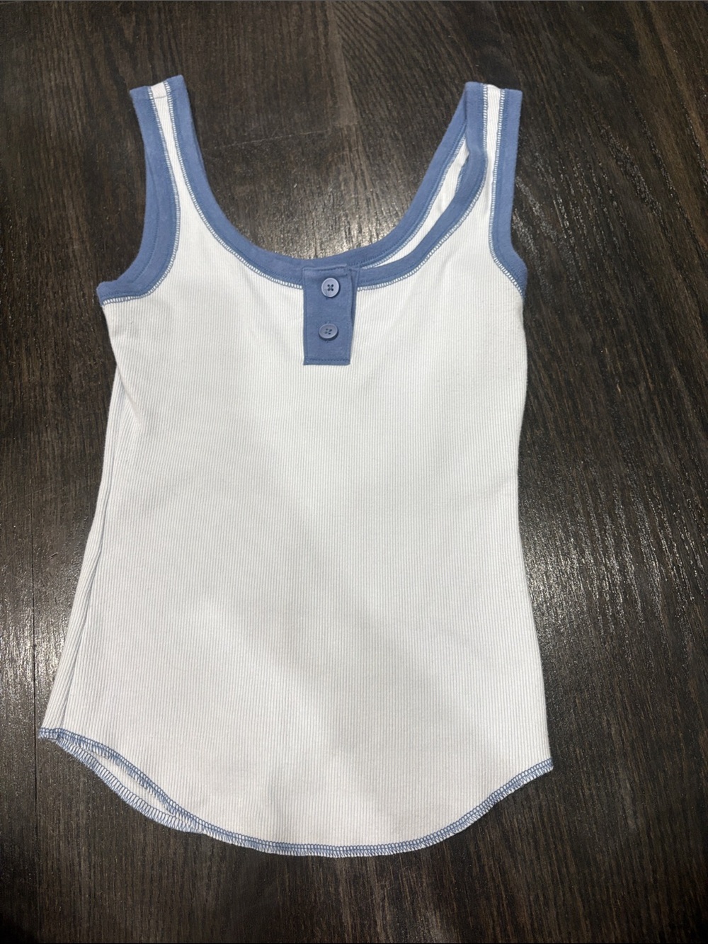 Aerie Girls White Ribbed Tank with Light Blue Trim and Button Placket